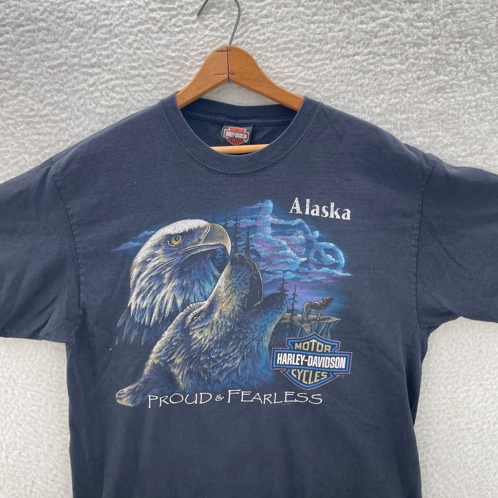 Vintage Harley Davidson Shirt Mens L Black Alaska Eagle Wolf Nature Biker Hog - Picture 3 of 9